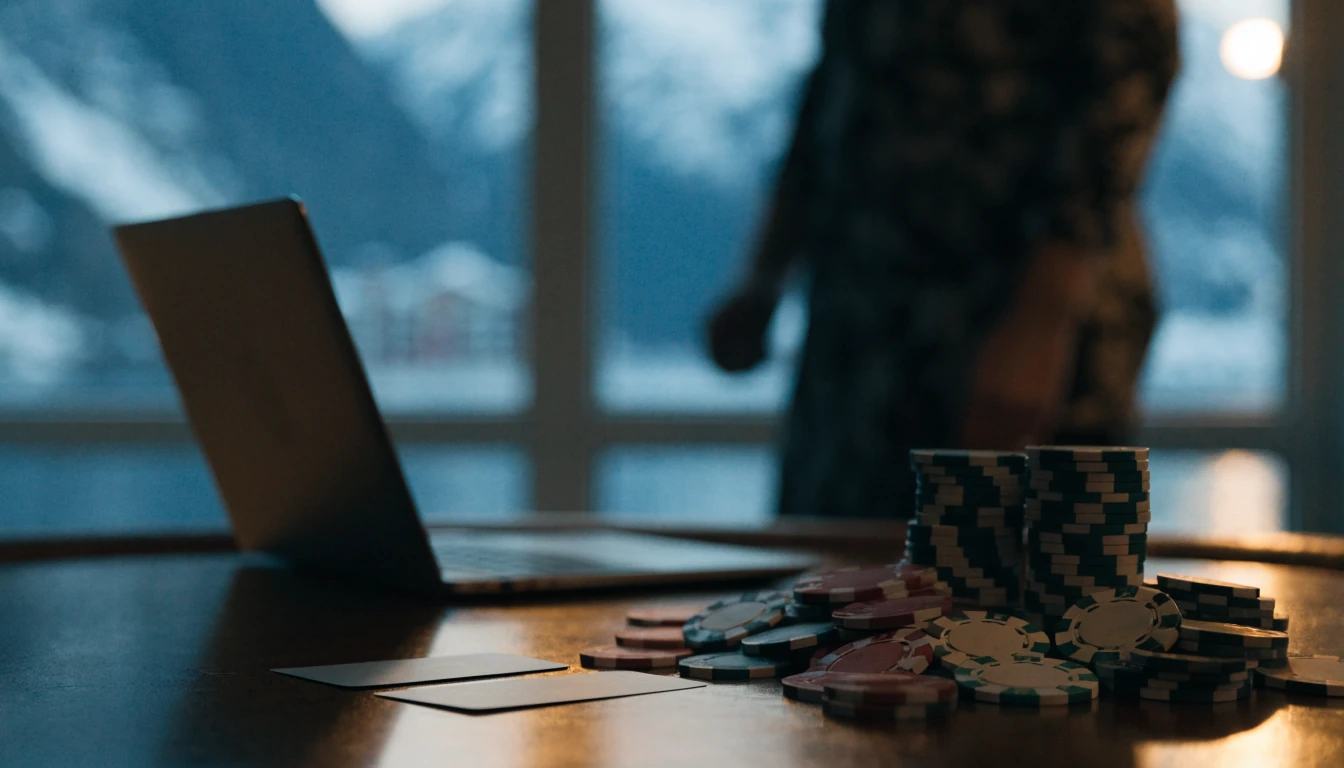 Blackjack-bord med jetonger og kort i norsk nettcasino-stil