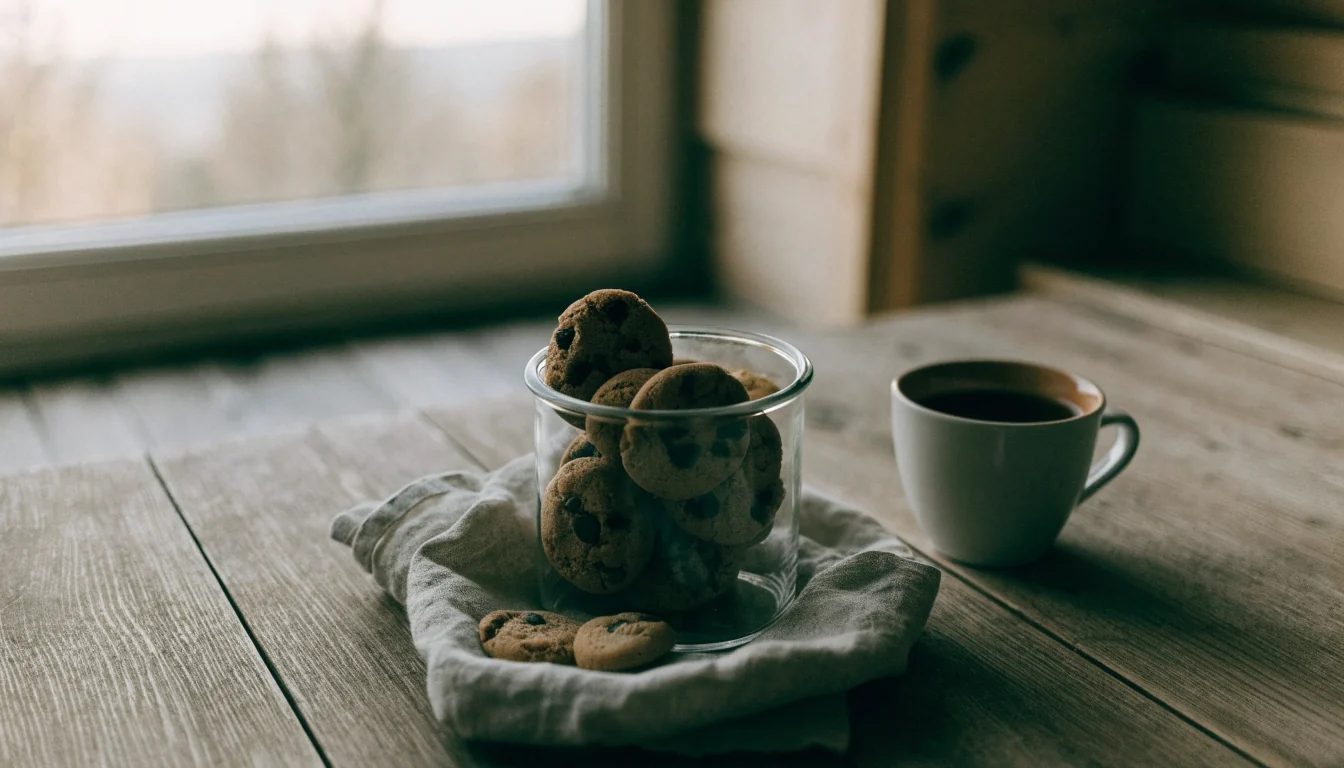 Kjeks i en glasskrukke på et trebord med en kaffekopp