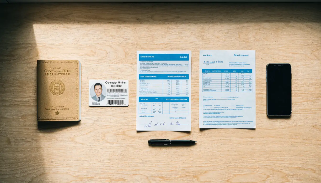 Pass, ID-kort og dokumenter ordnet på skrivebord for identitetsverifisering