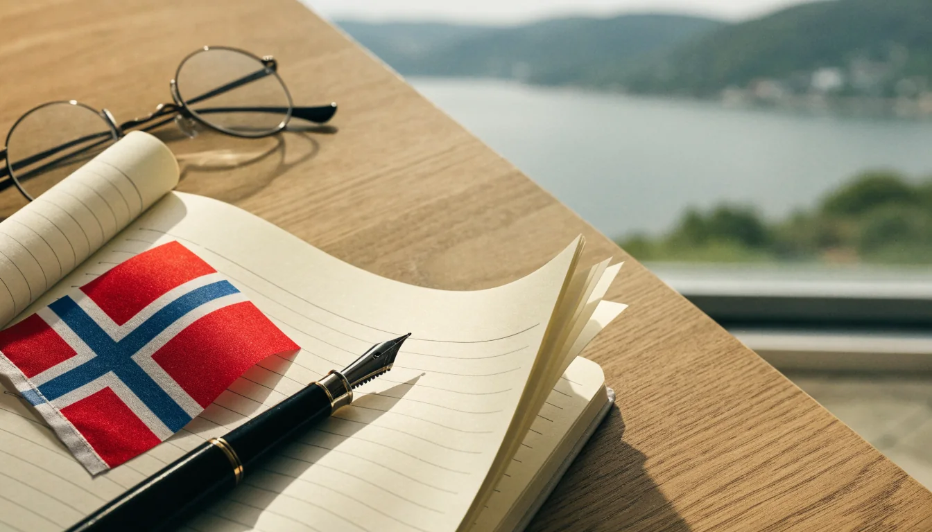 Skrivebord med notatbok, penn og norsk flagg ved vindu med fjord