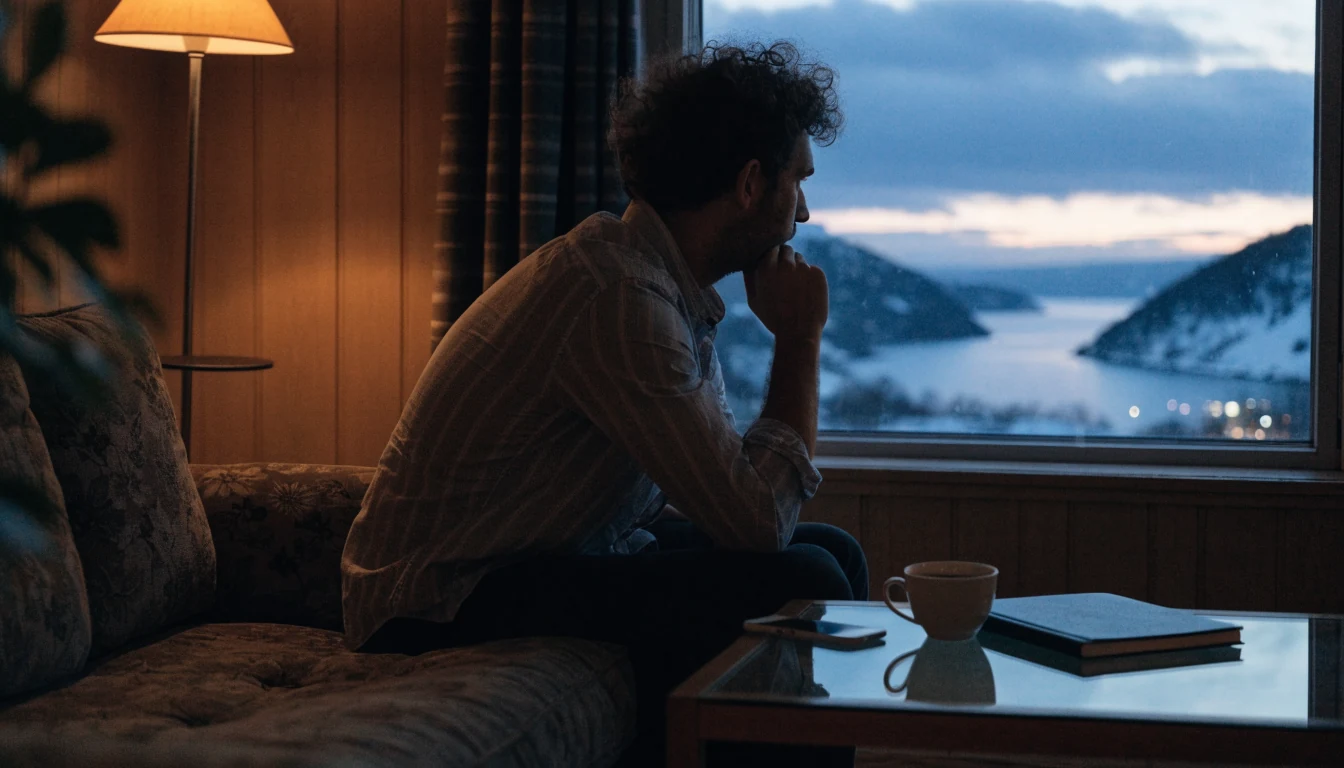 Mann i stue som bevisst legger fra seg telefonen for å ta en pause fra spilling