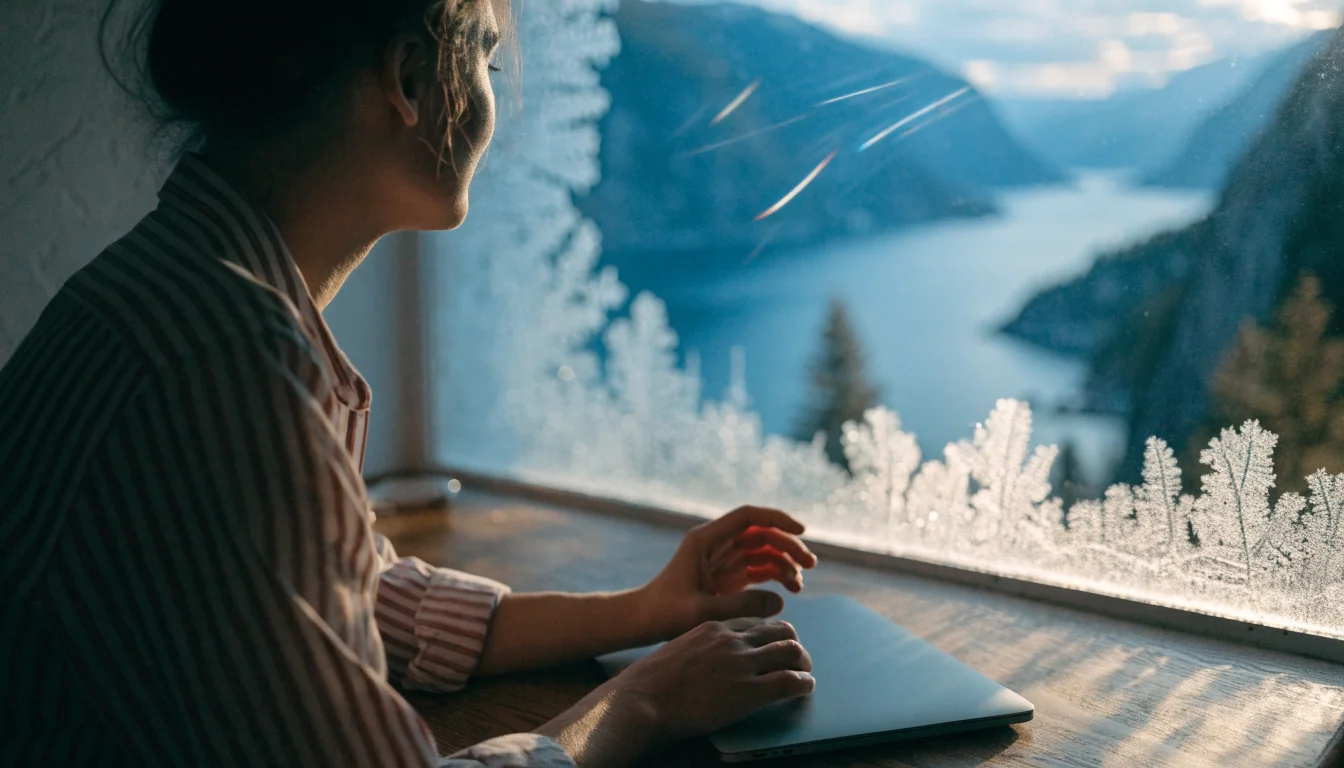 Person ved skrivebordet med lukket bærbar PC ved et fjordvindu i Norge